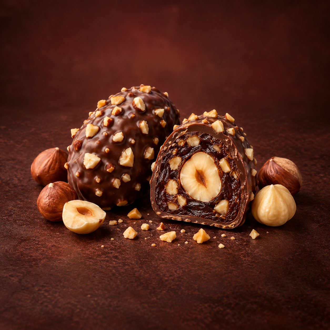 Hazelnut Crunch date chocolate with a centred whole hazelnut