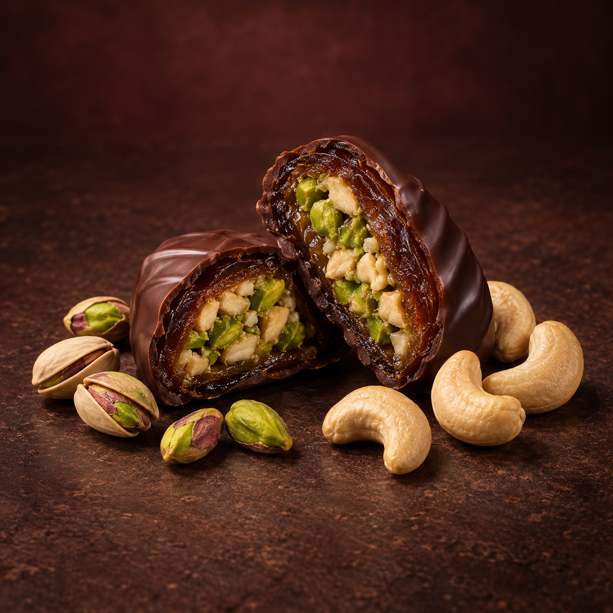Pistachio Cashew date chocolate with pistachios and cashews