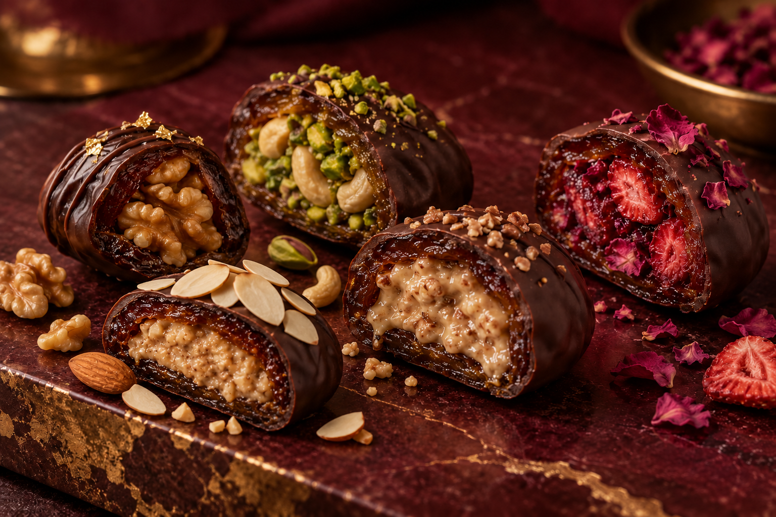 Premium chocolate dates filled with walnut, pistachio, tahini, strawberry and almond