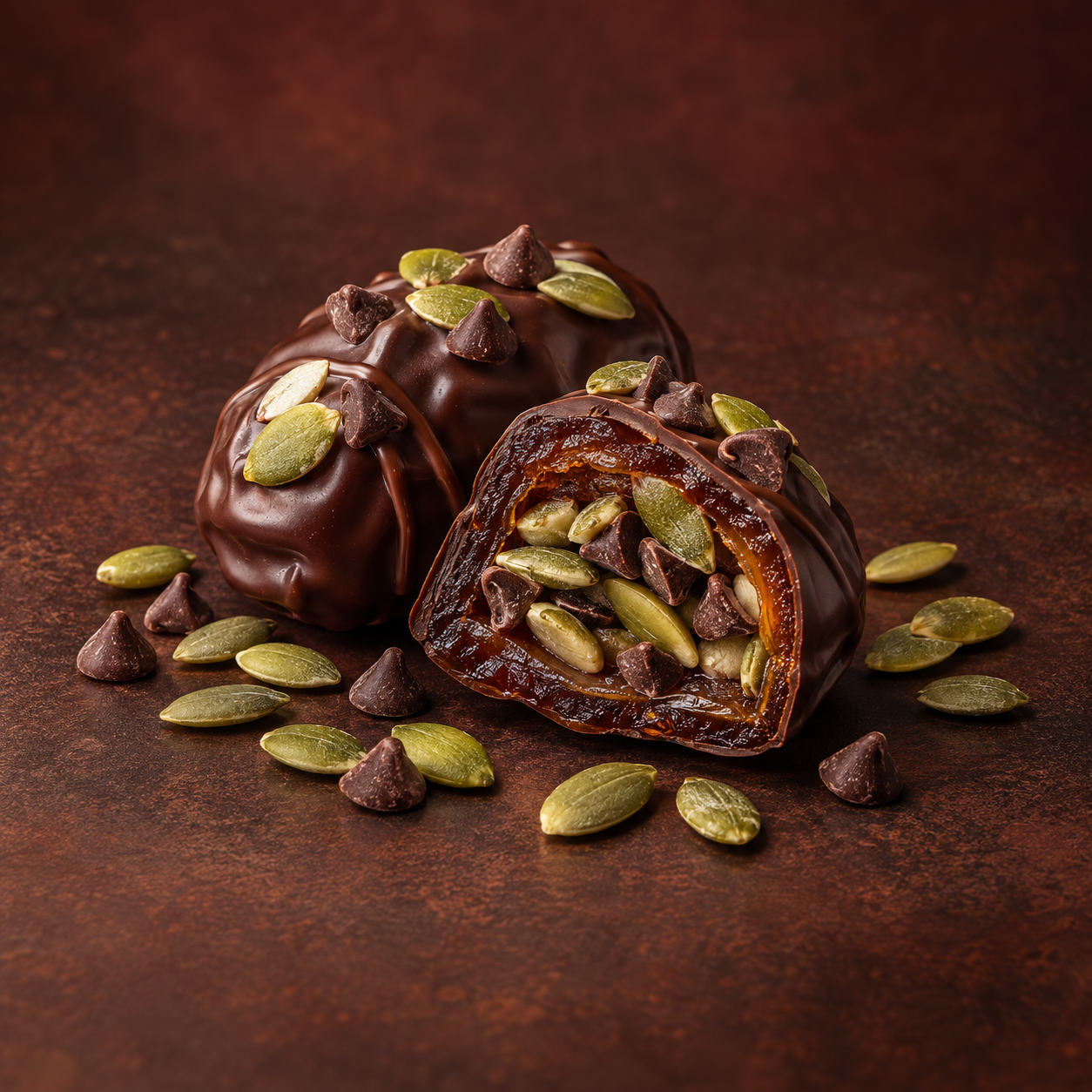 Pumpkin Seed Chocolate Chip date chocolate with centred pumpkin seeds and chocolate chips
