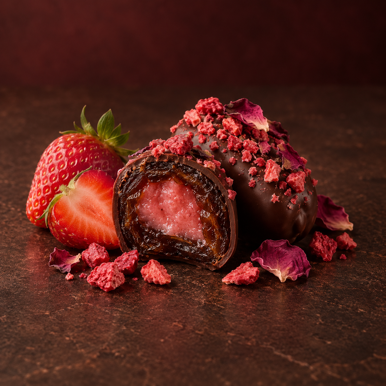 Strawberry Rose date chocolate with strawberry and rose petals