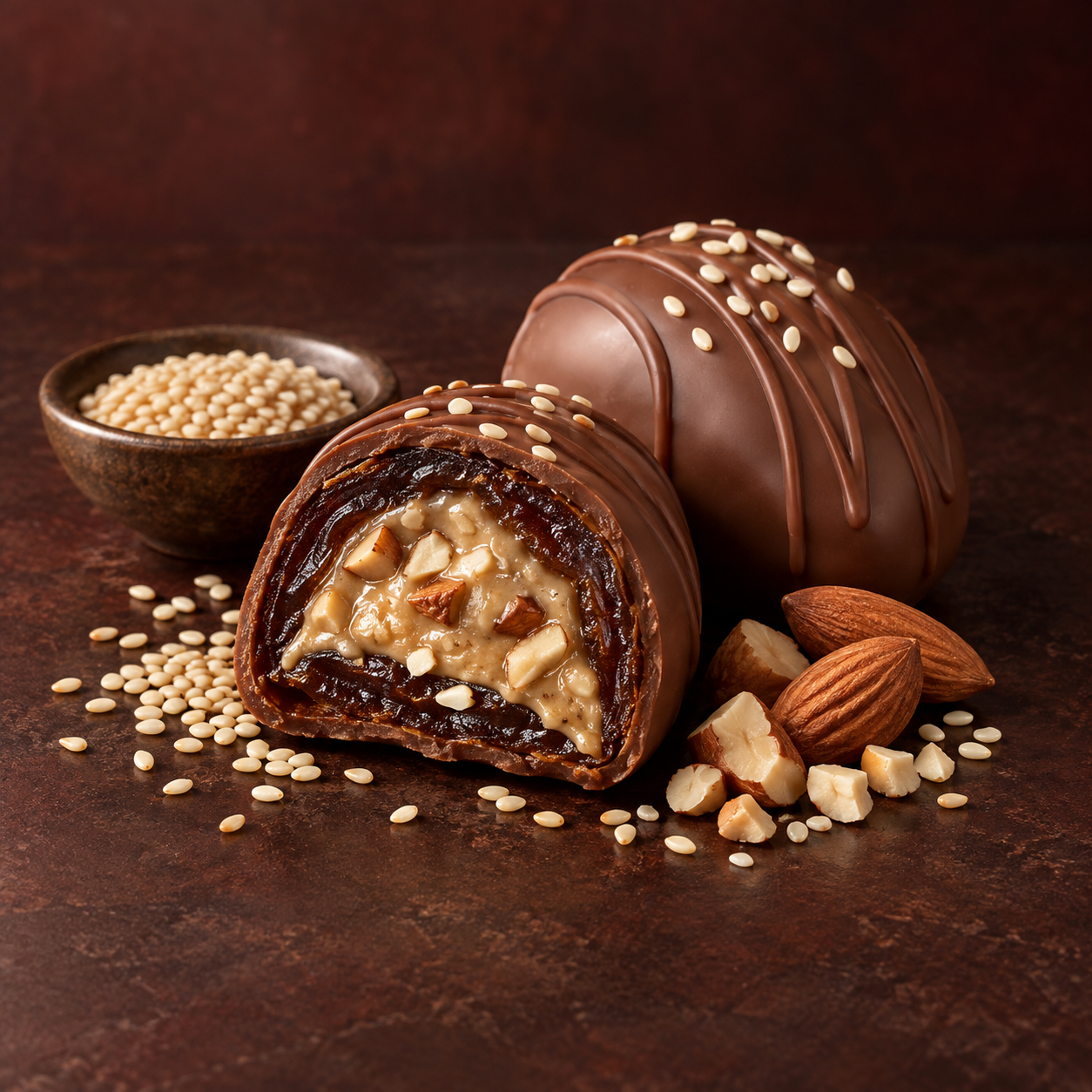 Tahini Milk Crunch date chocolate with sesame and nuts
